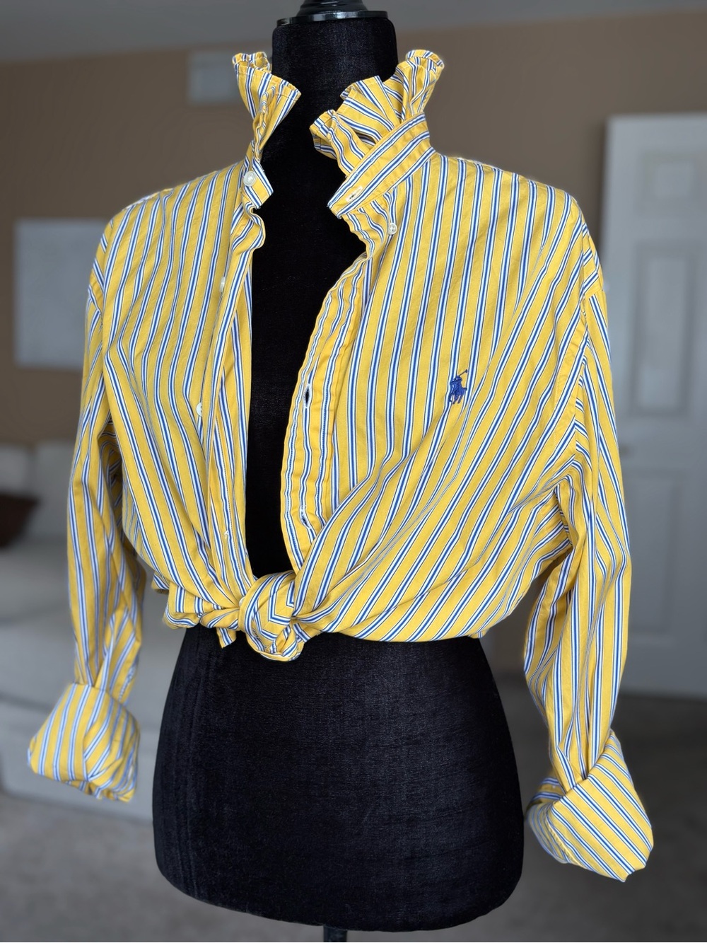 Reworked Ralph Lauren Striped Yellow Button-Up Shirt - L/XL